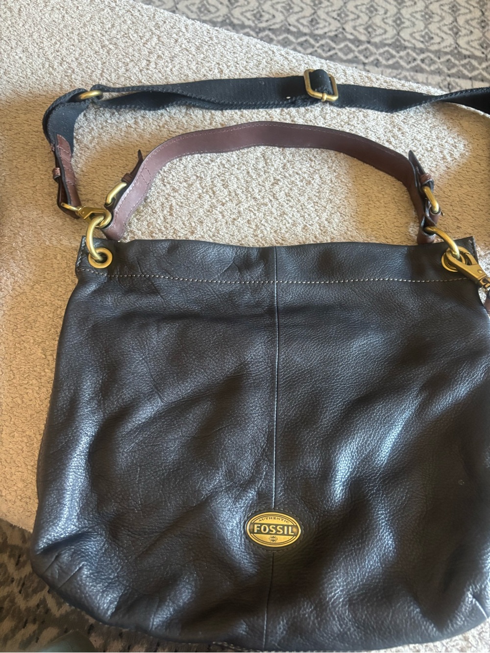 Fossil Dark Brown Leather Hobo Shoulder Bag with Brass Hardware